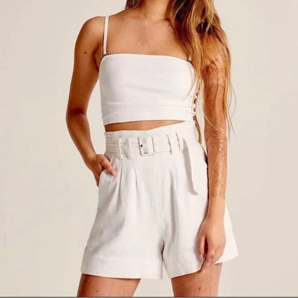 Abercrombie & Fitch Cream‎ Linen Blend High Rise Belted Shorts